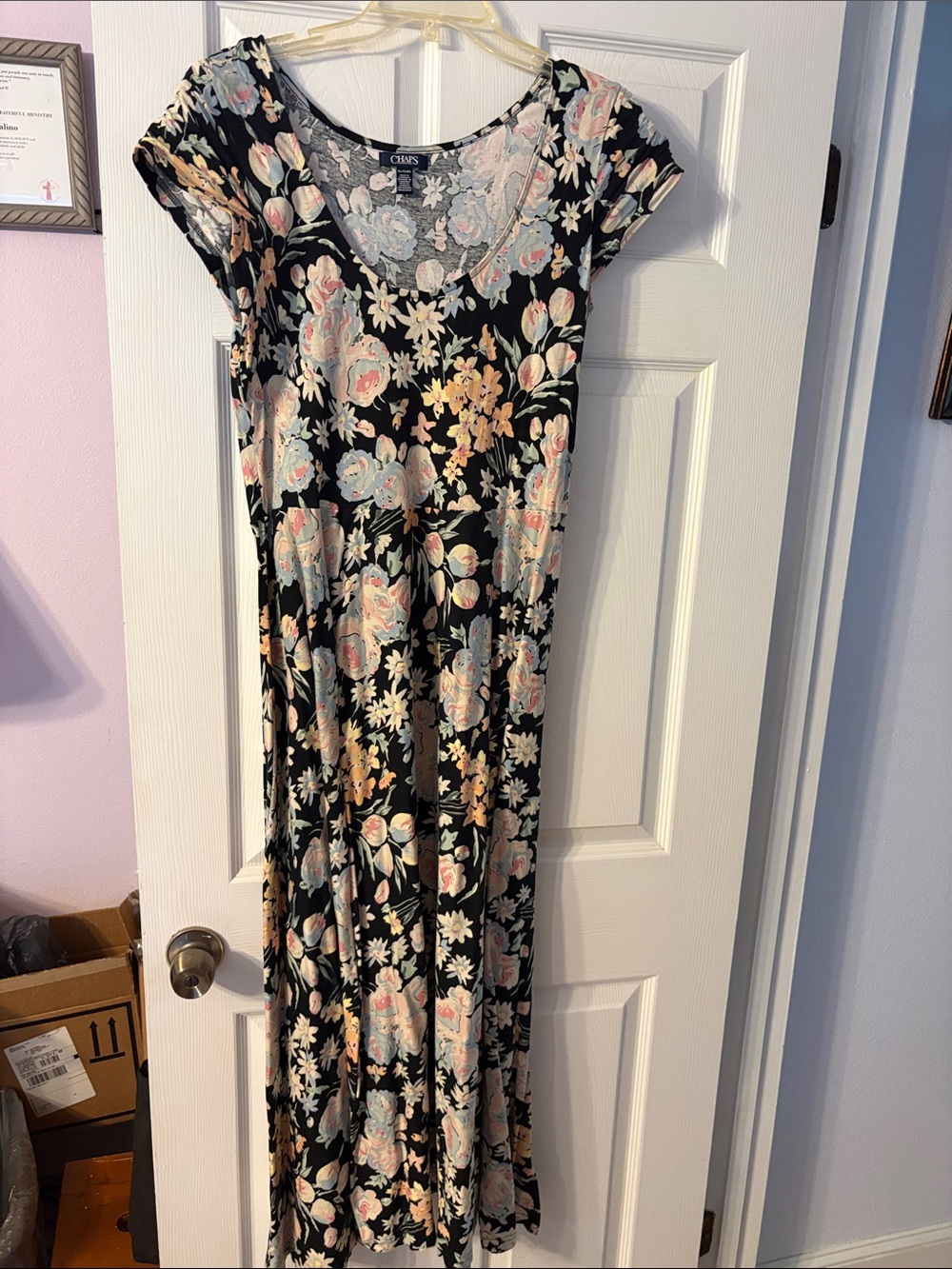 Chaps Black Floral Maxi Dress with Pastel Blooms
